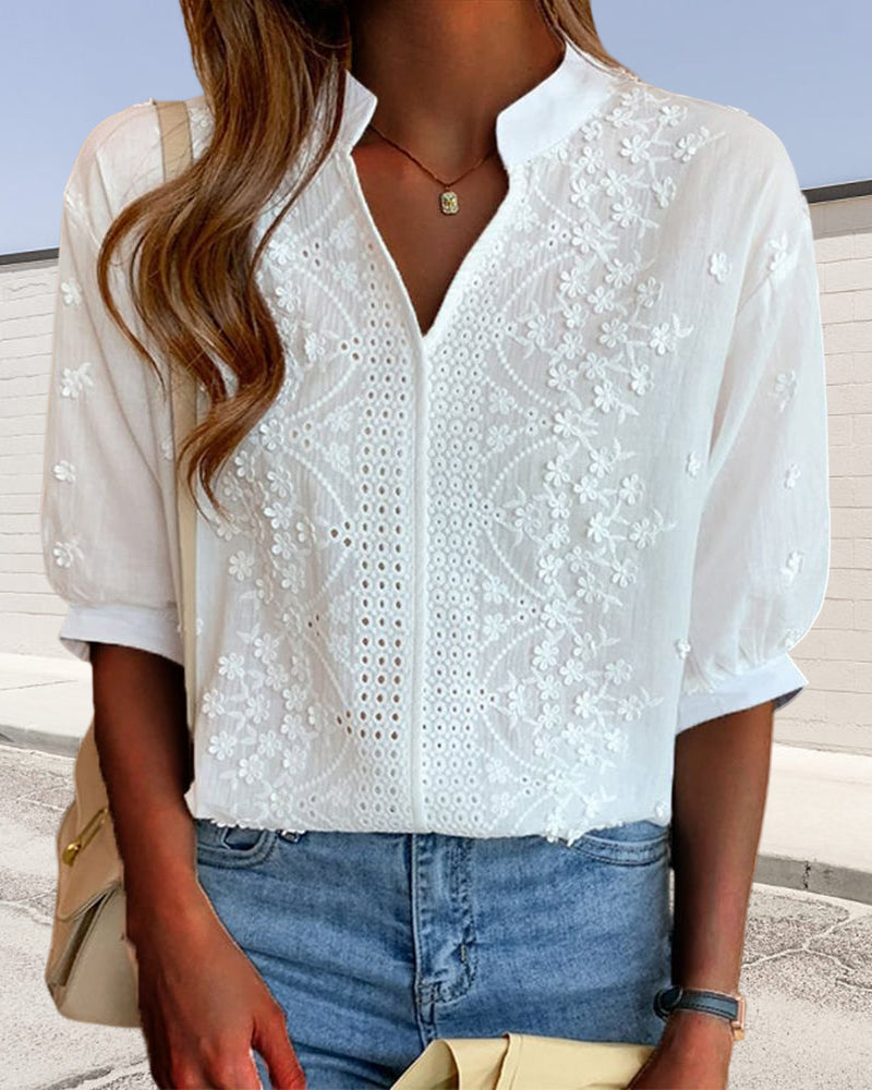 Cambria | Embroidered Blouse with Split Collar